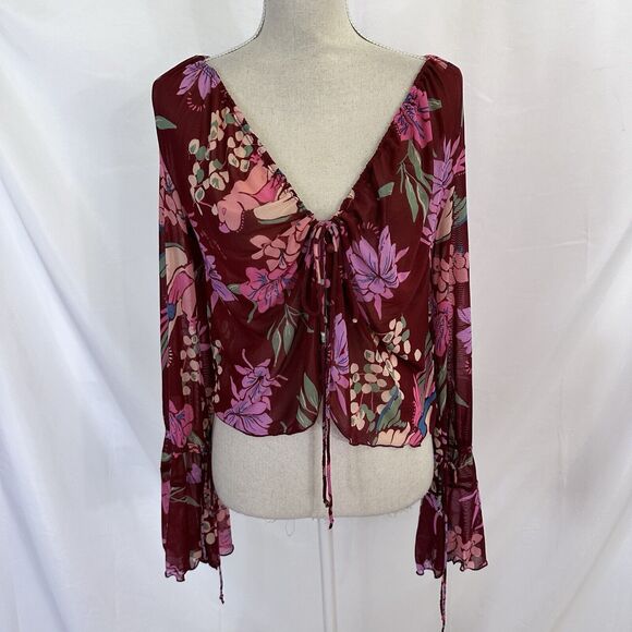 FREE PEOPLE Of Paradise Top OB1466366 Ruched V-Neck Floral COCOA Size Medium - Picture 2 of 6